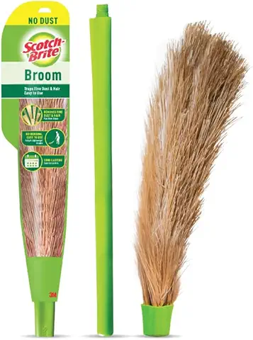 Scotch-Brite No-Dust Broom with Long Handle | Flat Fiber Jhadu for Fine Dust & Hair | Reaches All Corners |